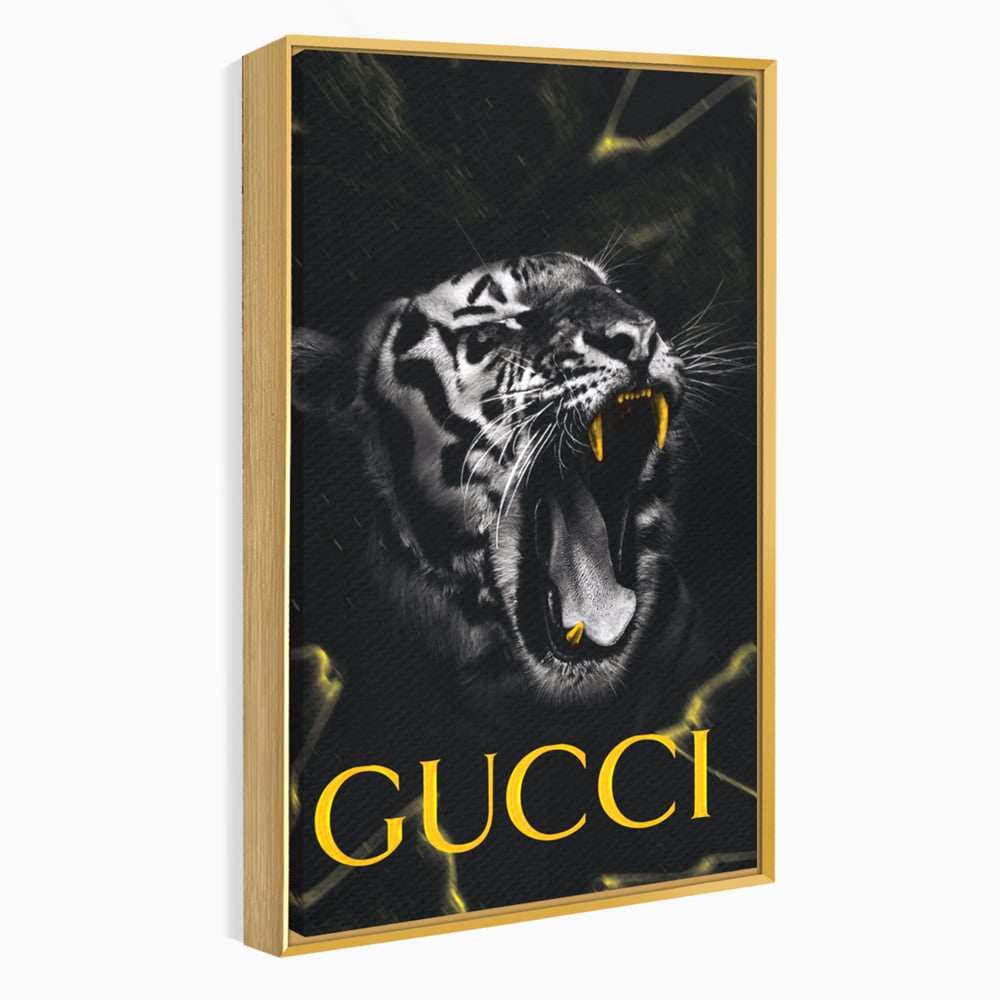 Tablou canvas cu tablou vertical cu tigru si text, in rama de aluminiu auriu